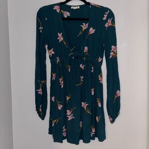 Billabong Dark Teal Dress with Pink Floral Pattern tie front